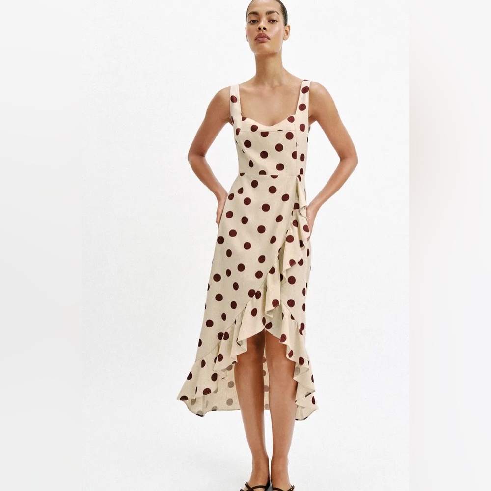 ZARA LINEN BLEND POLKA DOT MIDI DRESS